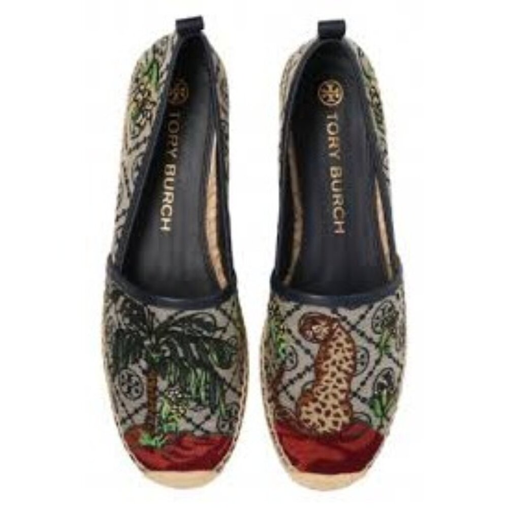 T-13. Tory Burch Embroidered Espadrille Cheetah Needlepoint Perfect Navy US 9.5